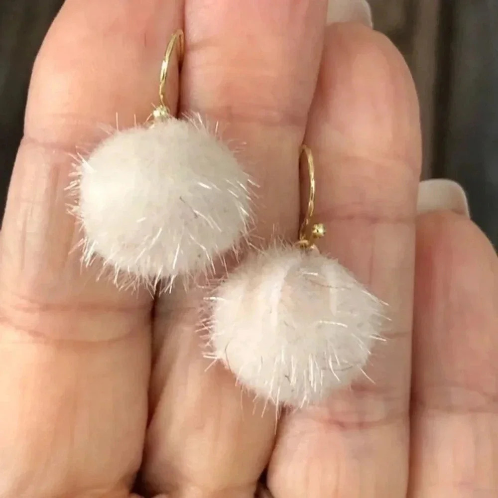 Cream Fuzzy Furry Pom Pom Drop Earrings NWT